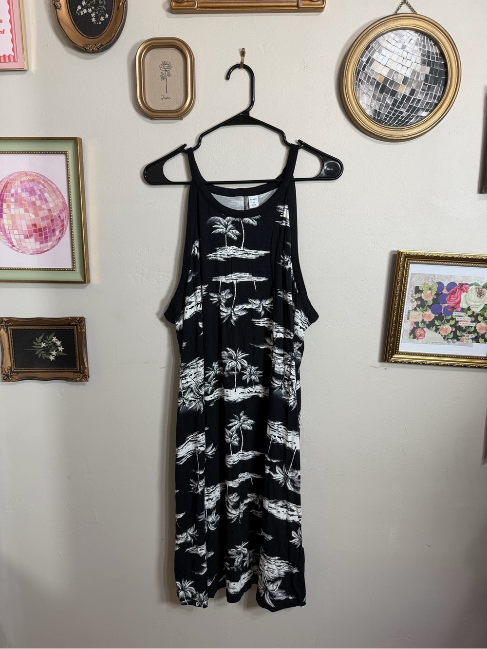 Old Navy Black Maxi Dress with White Tropical Print